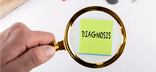 A magnifying glass hovers over a post-it note saying 'DIAGNOSIS'