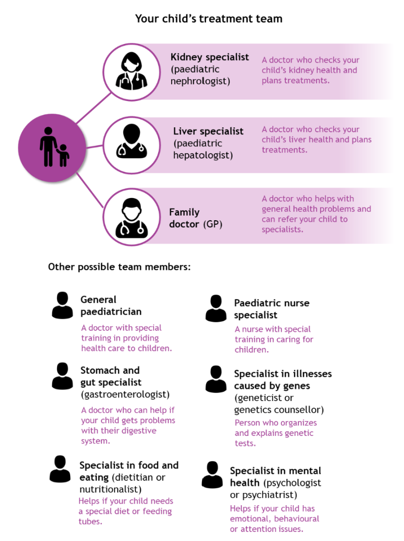 A diagram showing the different people who might be involved in your child’s health care, including doctors specializing in the kidneys, the liver, treating children, and the digestive system, your GP, nurses, and specialists in food and eating, genes, and mental health.
