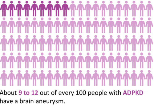 A diagram showing how common brain aneurysms are in people with ADPKD (about 9—12 in every 100 people) versus people without ADPKD (about 2—3 in every 100 people).